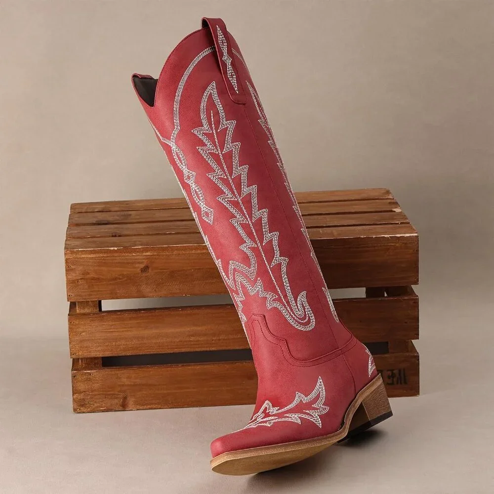 Women's Wine-red Knee High Pointed Toe Chunky Heel Pull On Zipper Cowboy Boots